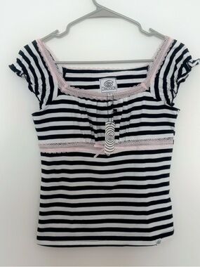 Sixth Dimension Beetle Tee- Striped Scoop Neck Top with Pink Lace Trim